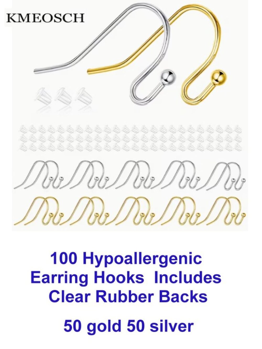 100 Hypoallergenic Earring Hooks That  Includes Clear Rubber Backs 50 each color